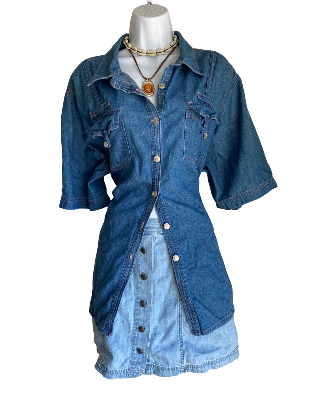 VTG Sage Collection Plus 28 Blue Denim Pleated Button Up Blouse W Pocket Accents